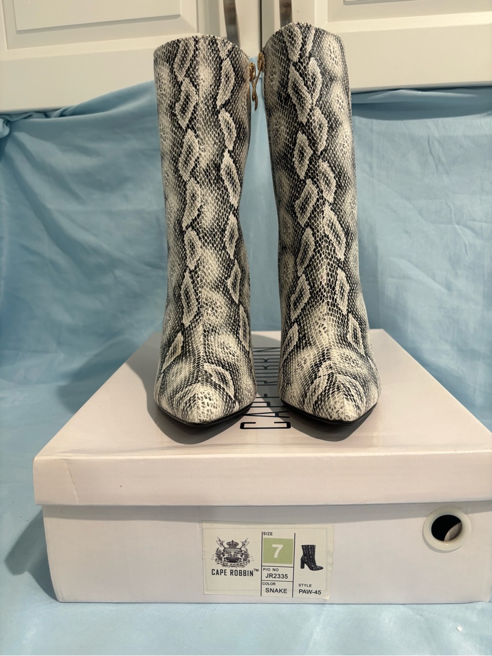 Cape Robbin Black & White Snake-Print Pointed Toe Heeled Ankle Boots